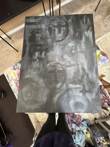 Black and white process painting Stage 1 over the old for healing with Katherine Skaggs