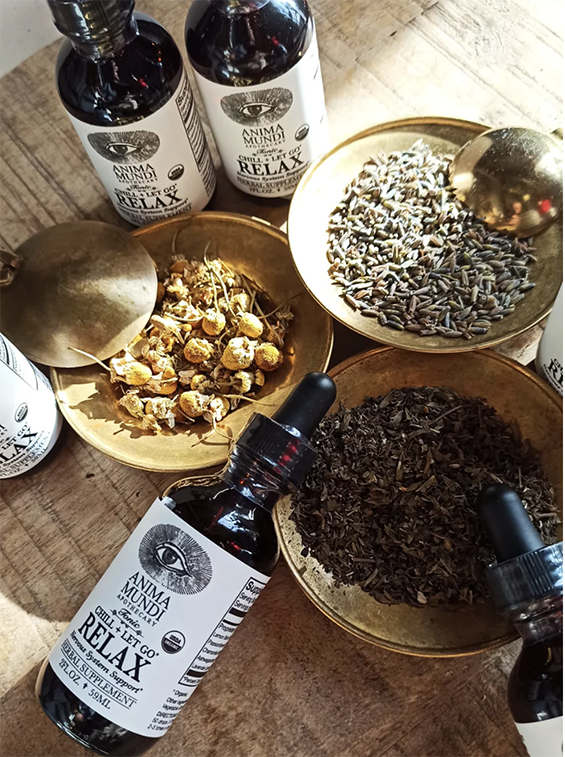 Relax tonic bottle and herbs